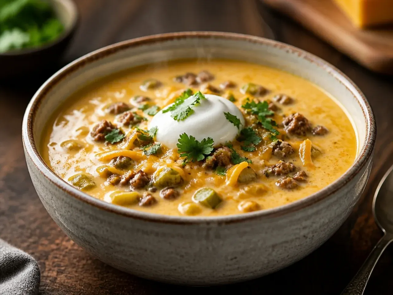 Extra-cheesy sharp cheddar cheeseburger soup with strands of melted cheese
