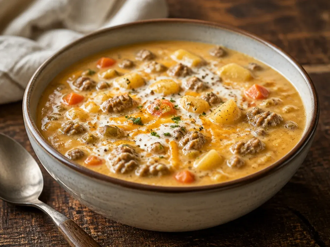 Slow cooker filled with cheeseburger soup, lid resting beside it