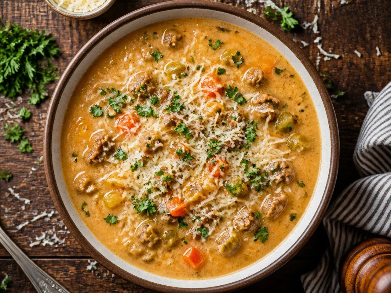 Budget-friendly turkey cheeseburger soup with sweetcorn and peppers