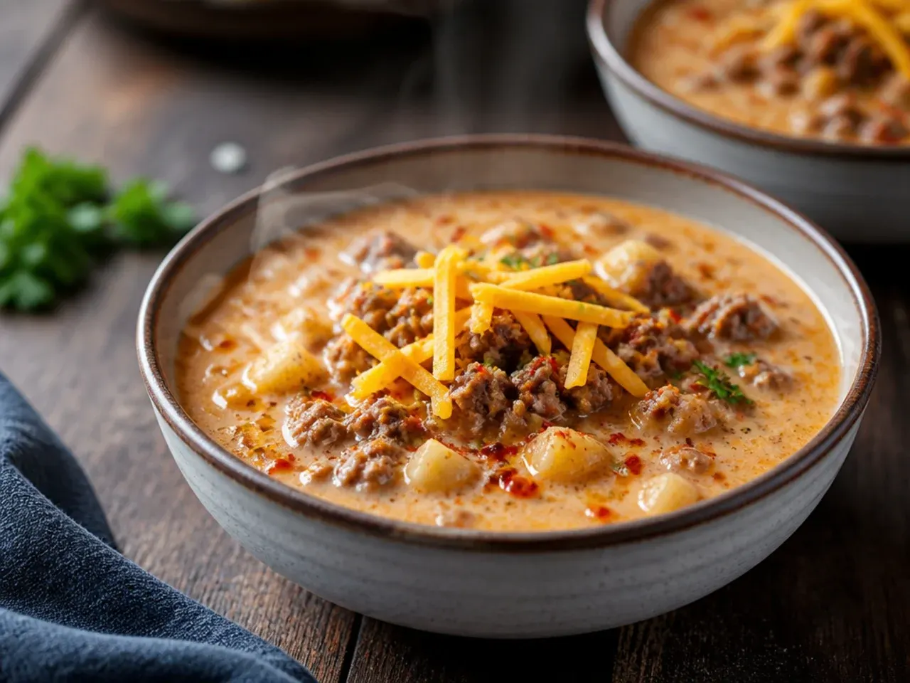 Electric pressure cooker with cheeseburger soup being ladled out