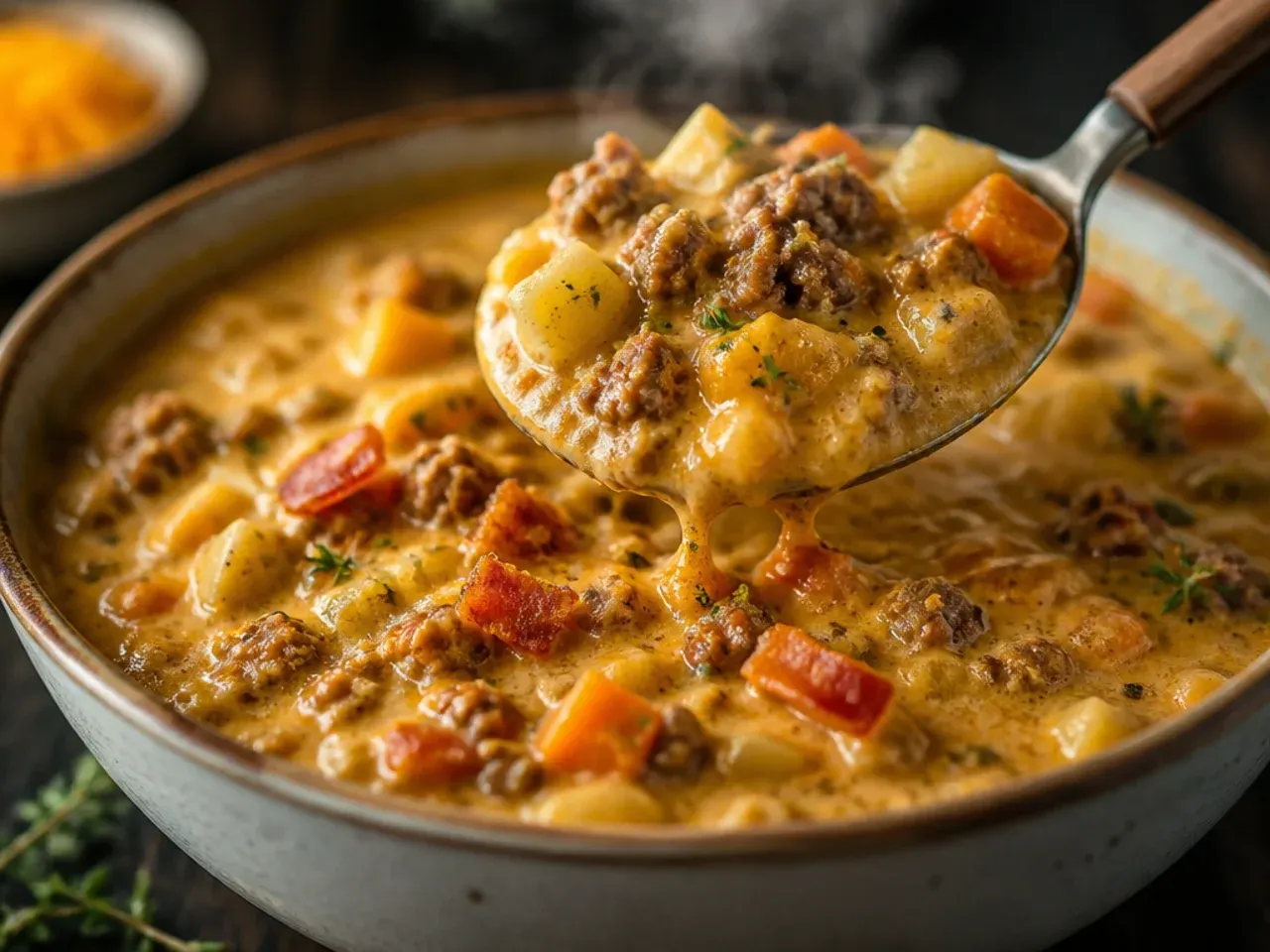 Rustic chunky cheeseburger soup with visible diced vegetables and potatoes