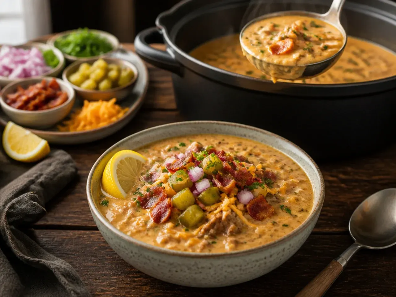 Cheeseburger soup toppings bar with bacon, pickles, cheese and croutons in small bowls