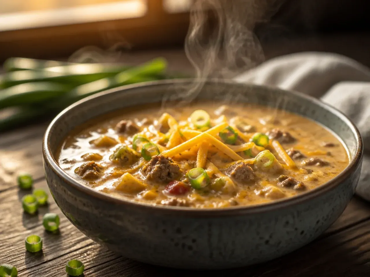 Large stockpot of family-size cheeseburger soup with a ladle