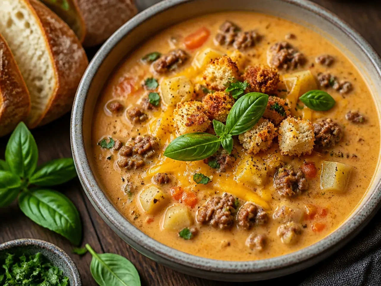 Award-winning cheeseburger soup garnished with fresh herbs and a drizzle of cream