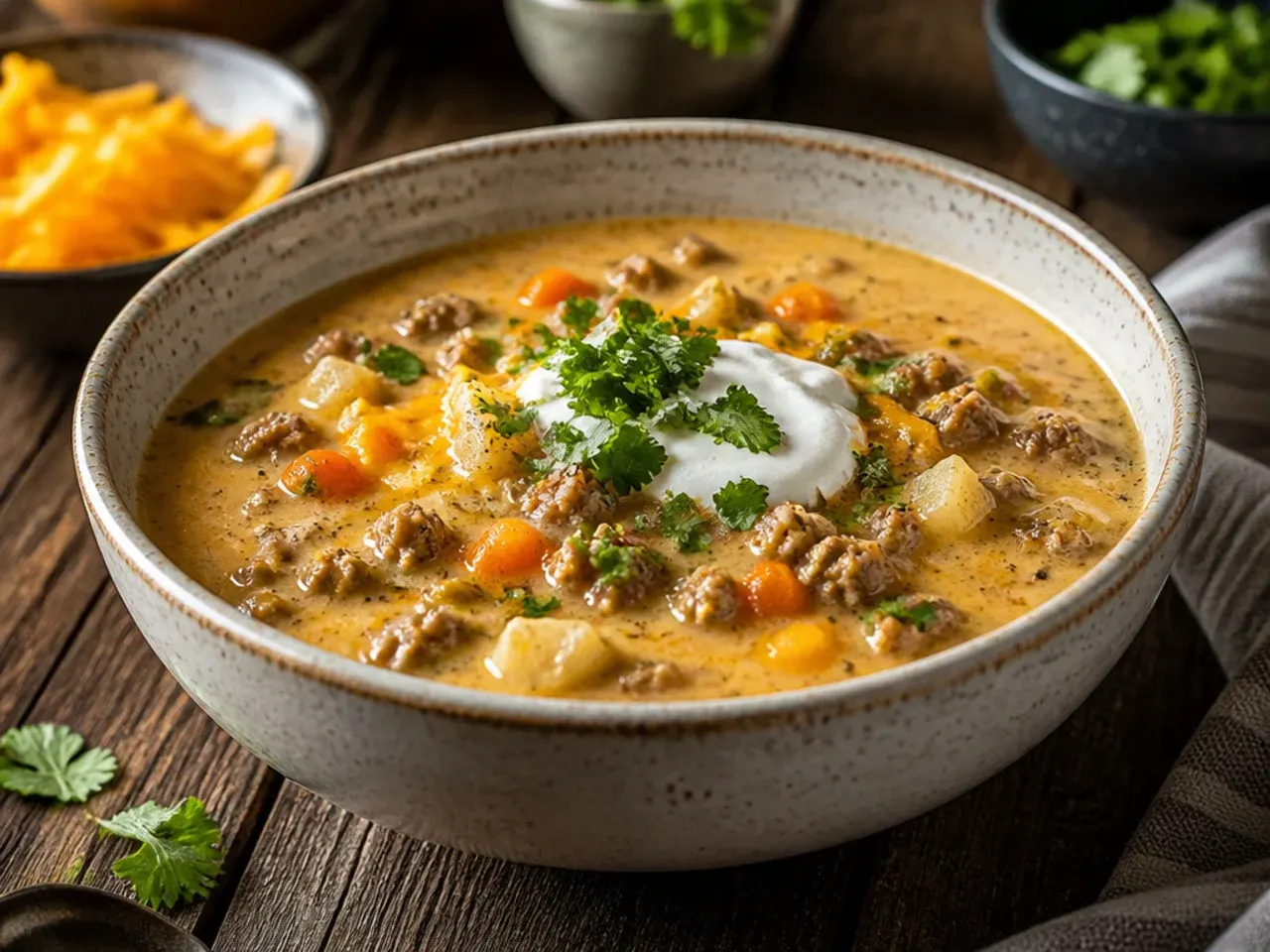 Dutch oven filled with finished one-pot cheeseburger soup on a stovetop