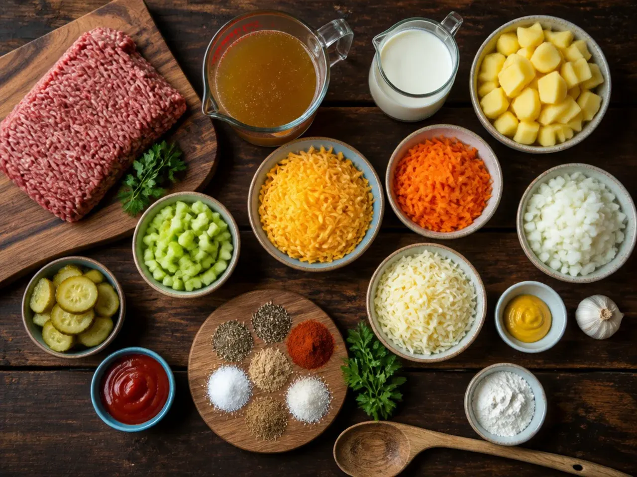 Close-up of a wooden spoon stirring melted cheese into cheeseburger soup