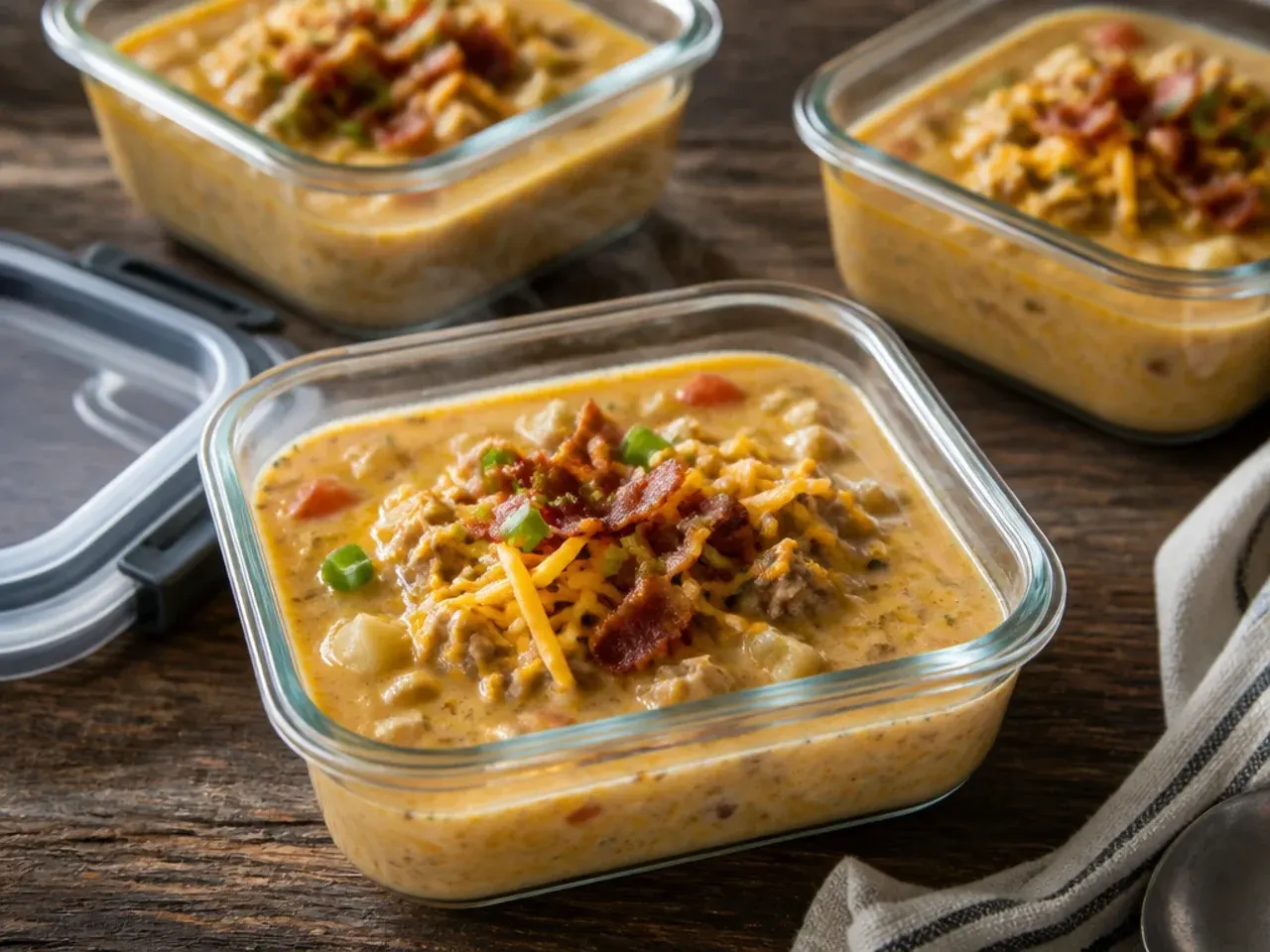 Airtight container of leftover cheeseburger soup being stored in the fridge