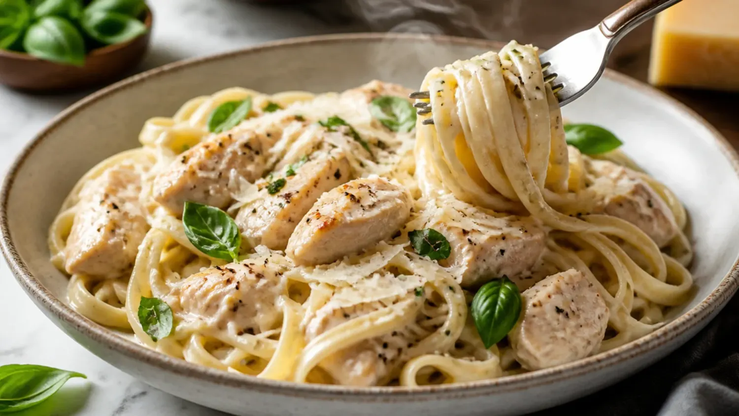 Overhead shot of creamy chicken alfredo pasta twisted on a fork, garnished with fresh parsley and grated Parmesan in a white bowl