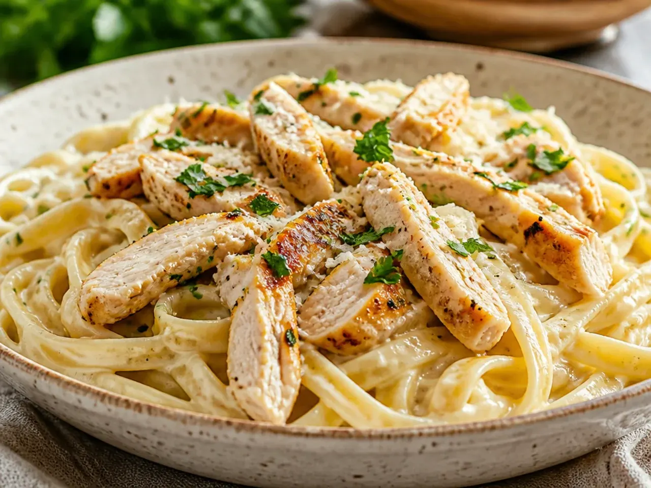 Table spread of twenty small bowls of different chicken alfredo pasta variations