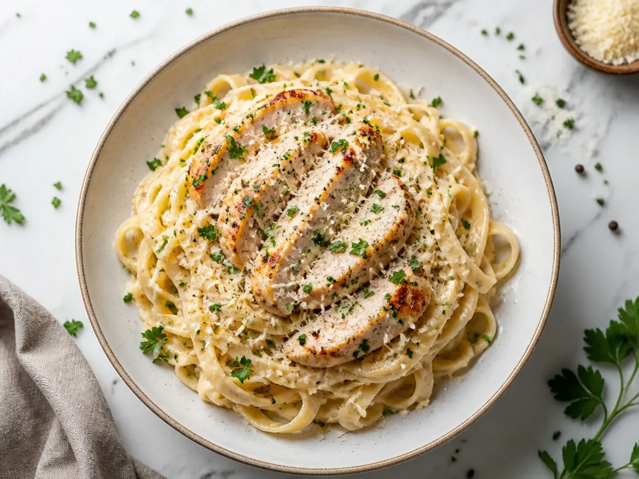 Classic chicken alfredo with sliced chicken breast over fettuccine in a creamy white sauce