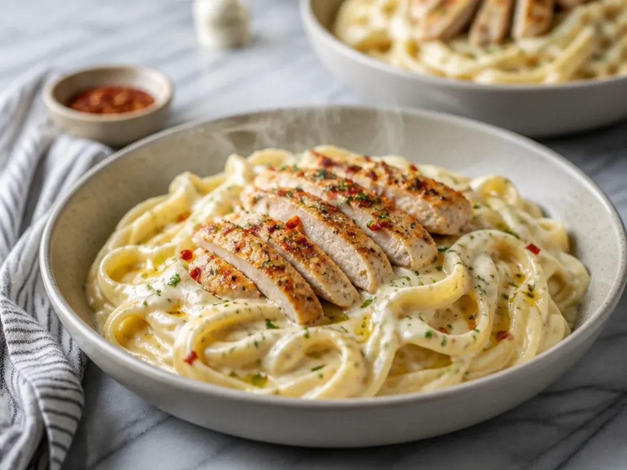 Quick weeknight chicken alfredo in a skillet ready to serve straight from the pan