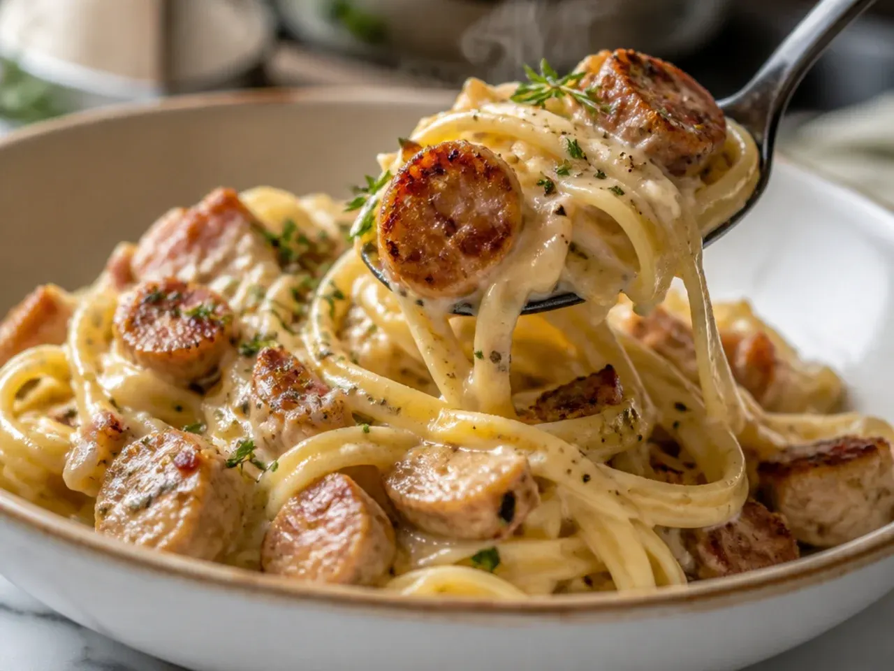 Chicken and sliced sausage alfredo pasta in a rustic skillet