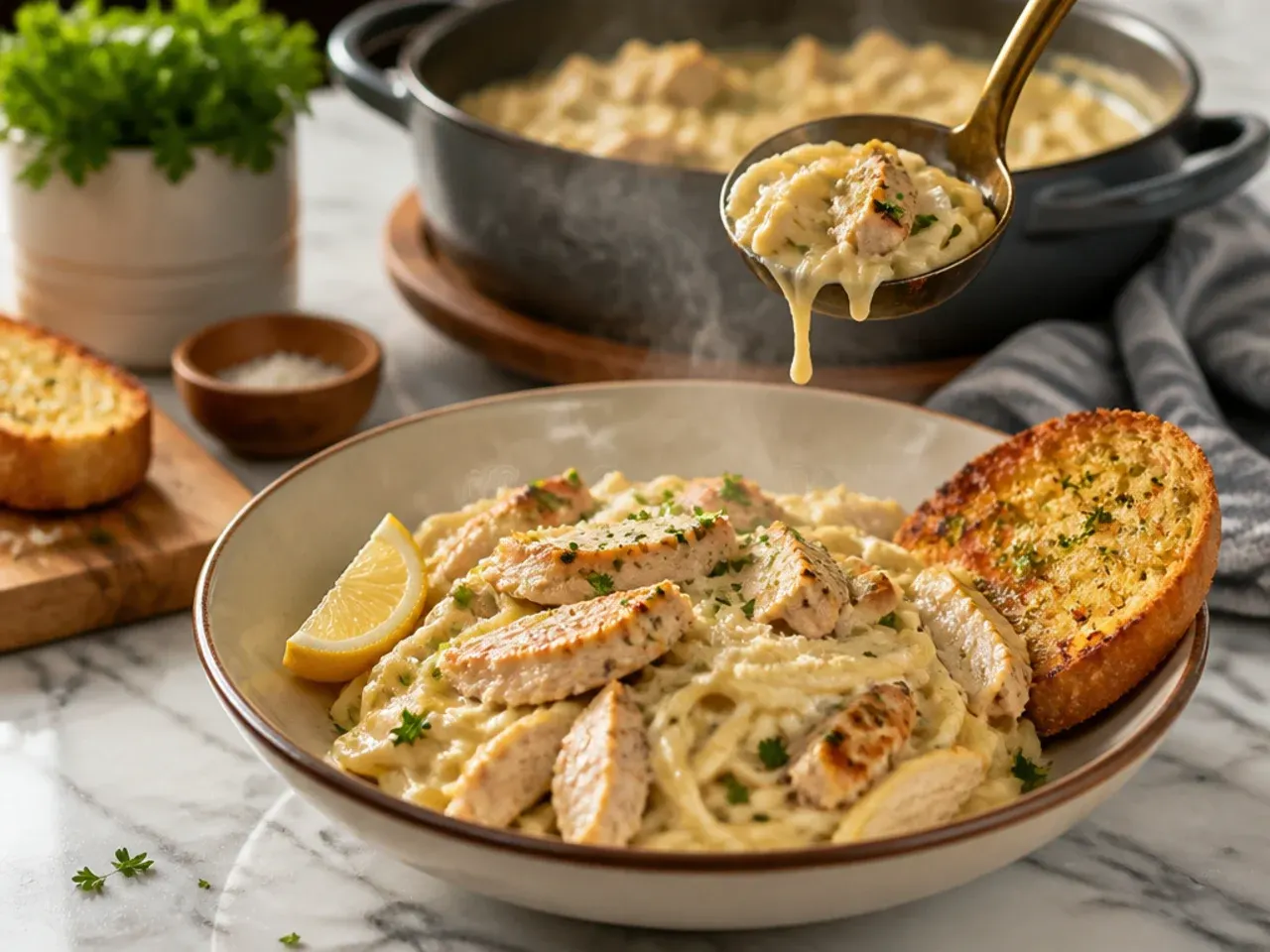 Chicken alfredo pasta served inside a hollowed garlic bread bowl