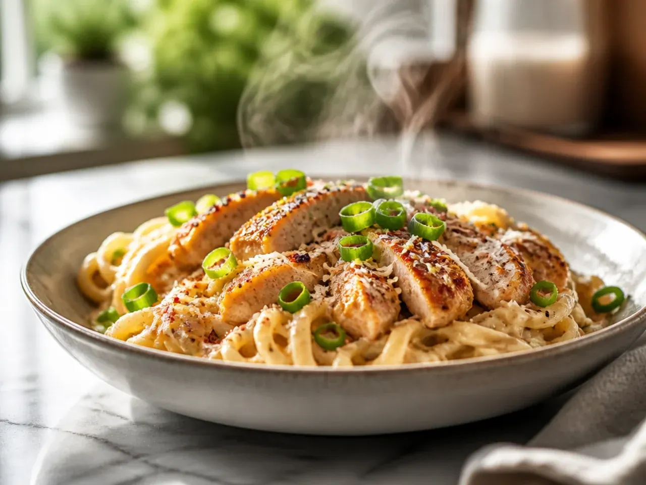 Blackened Cajun chicken sliced over creamy alfredo pasta with a dusting of red spice