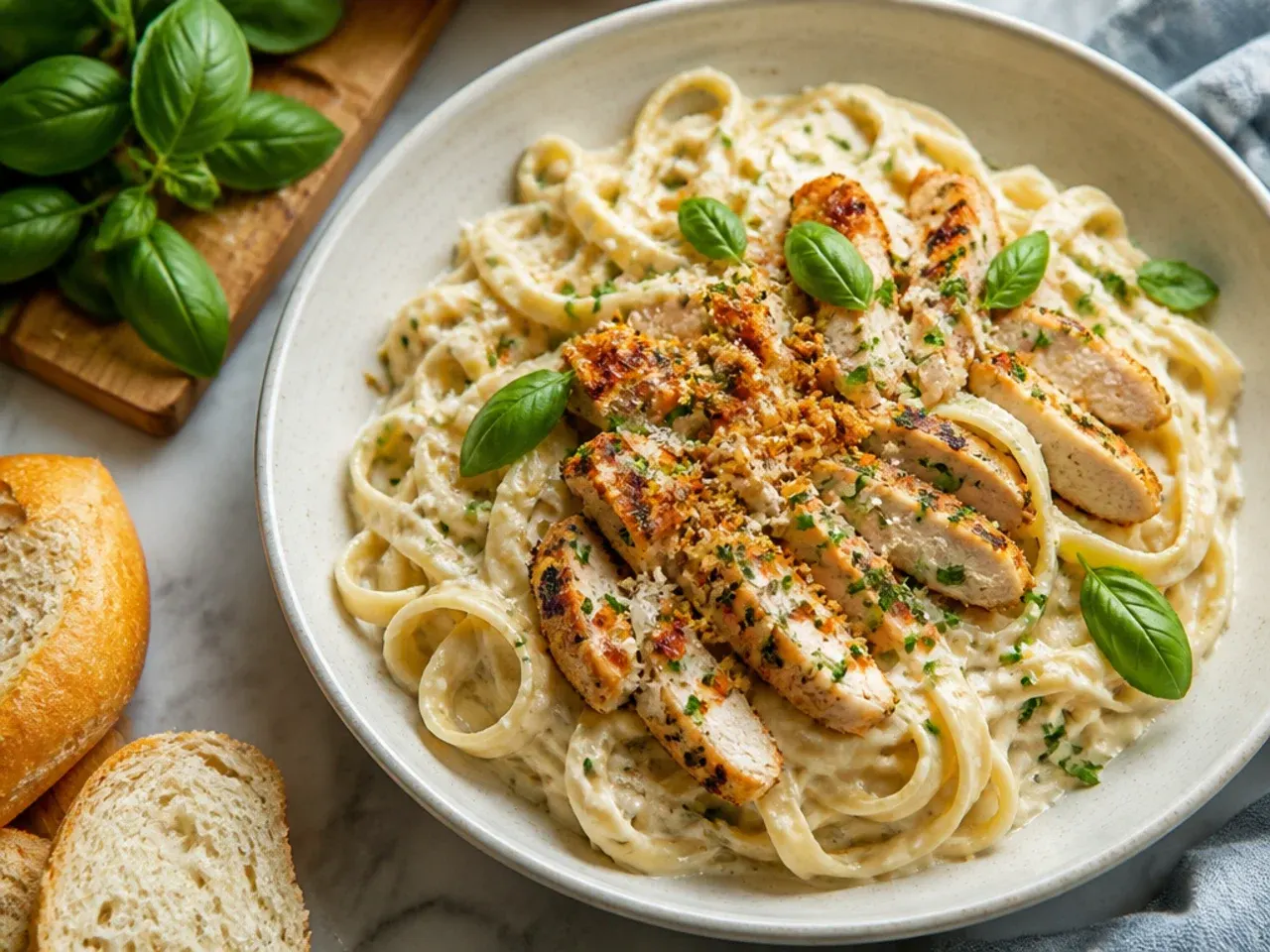 Simple five-ingredient chicken alfredo pasta on a plain white plate