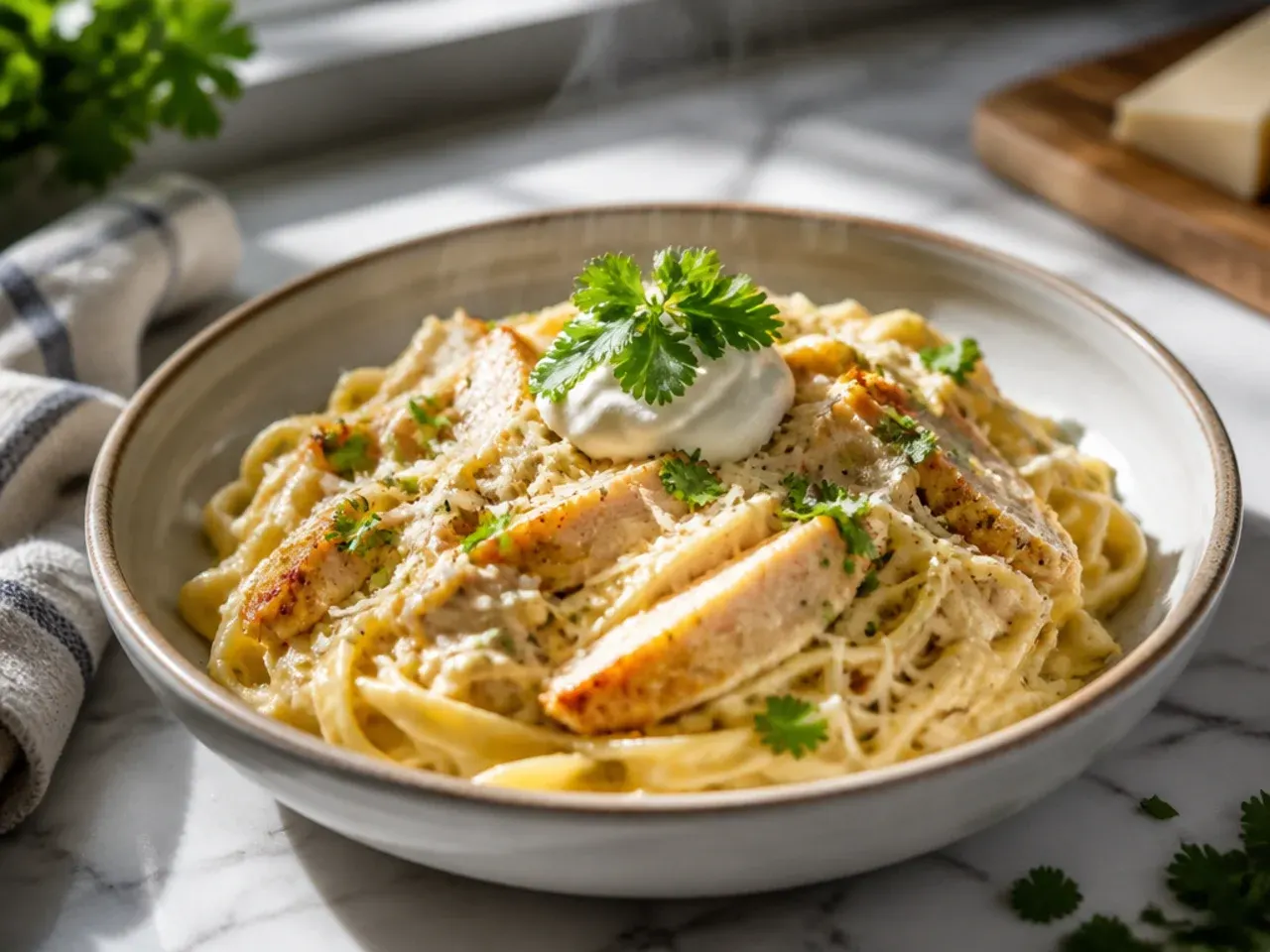 Baked three-cheese chicken alfredo pasta with a bubbling golden cheese topping