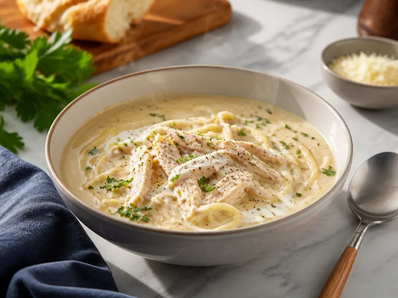 Bowl of creamy chicken alfredo soup with small pasta shapes and a spoon