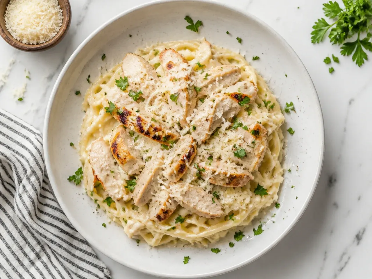 Budget-friendly chicken alfredo pasta with peas and sweetcorn in a large pan