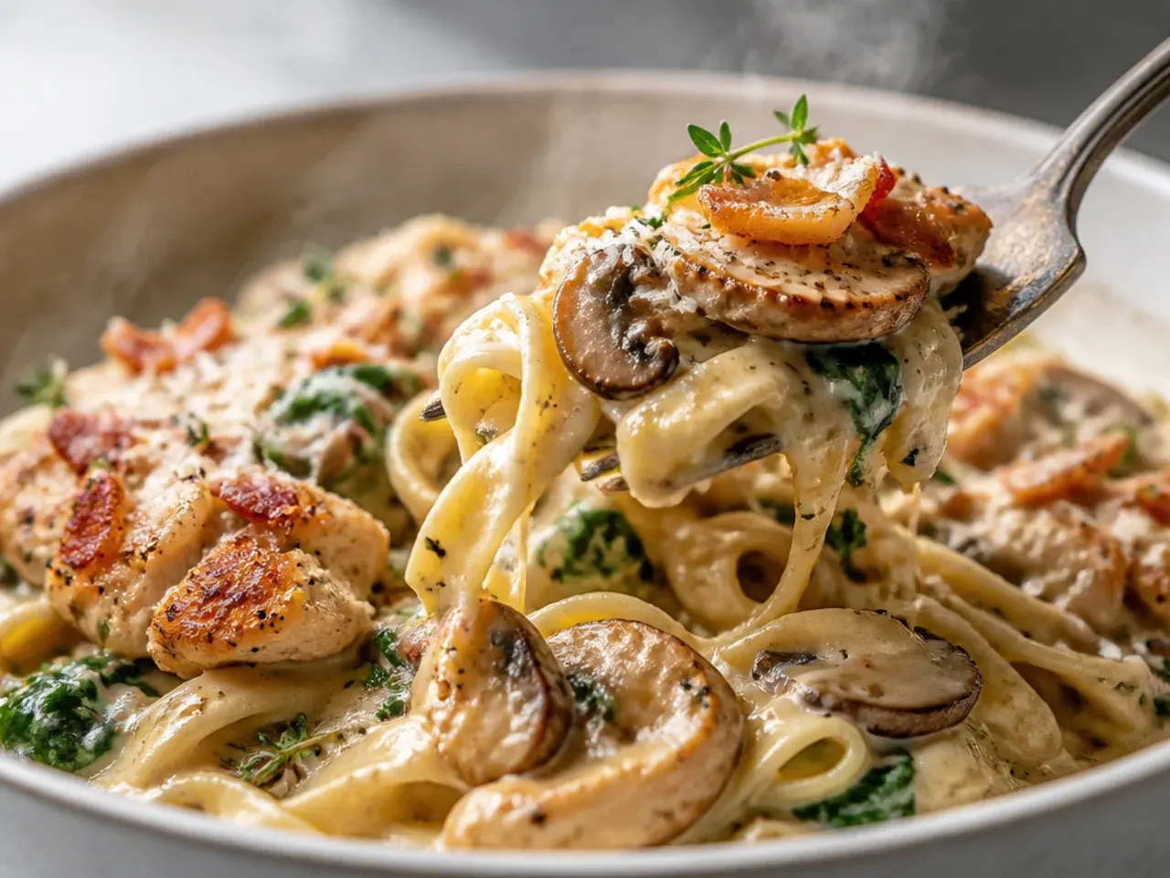 Rustic chicken alfredo pasta with golden mushrooms and wilted spinach