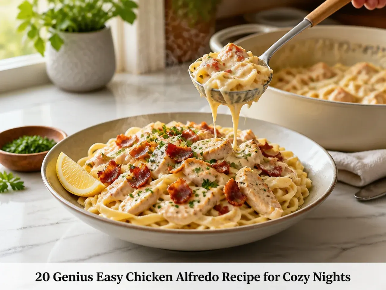 Loaded bacon ranch chicken alfredo pasta topped with crispy bacon and spring onion