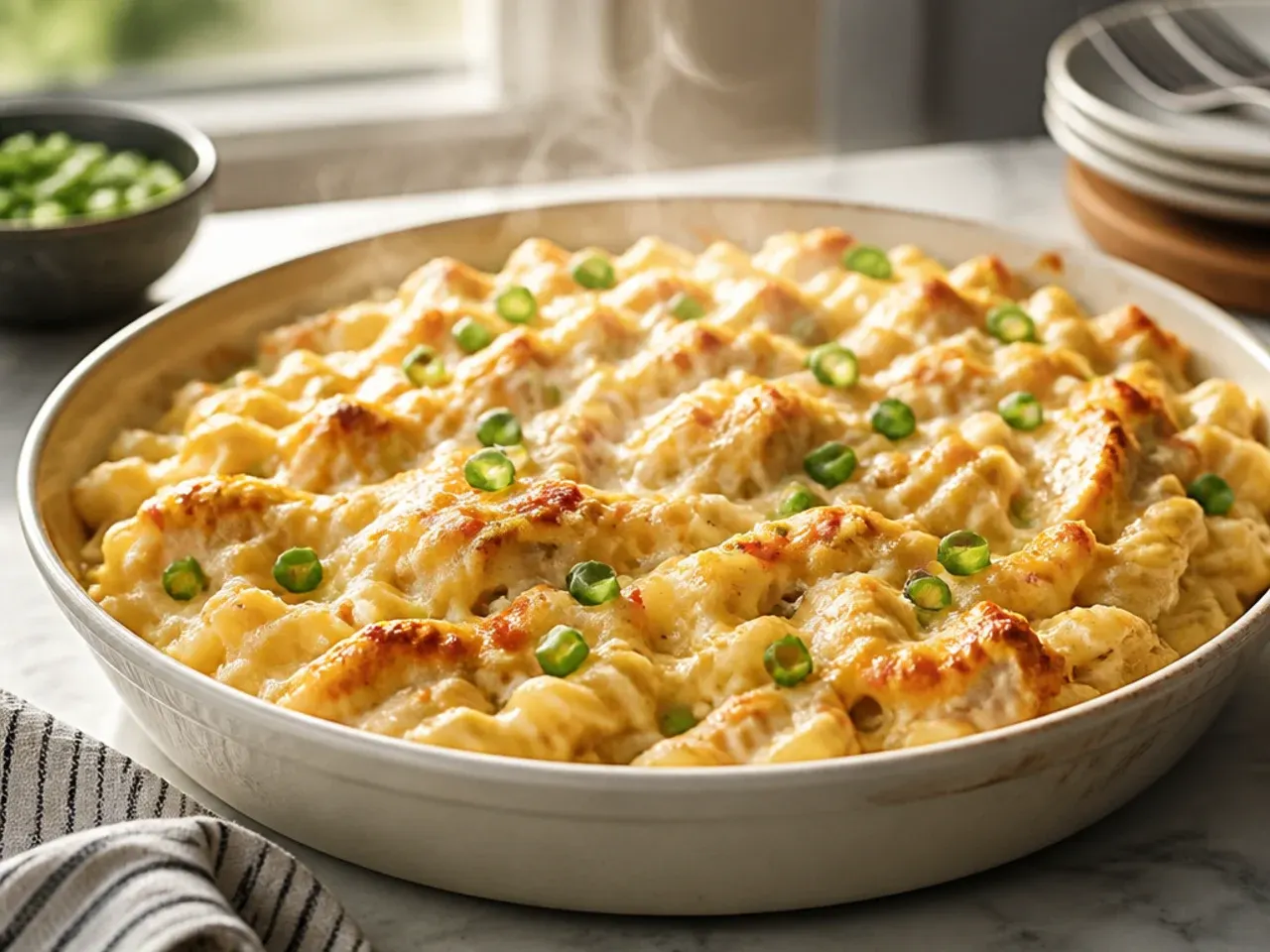 Family-size baked chicken alfredo casserole with a golden breadcrumb topping