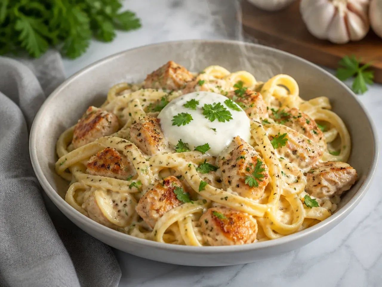 One-pot chicken alfredo simmering in a single large skillet