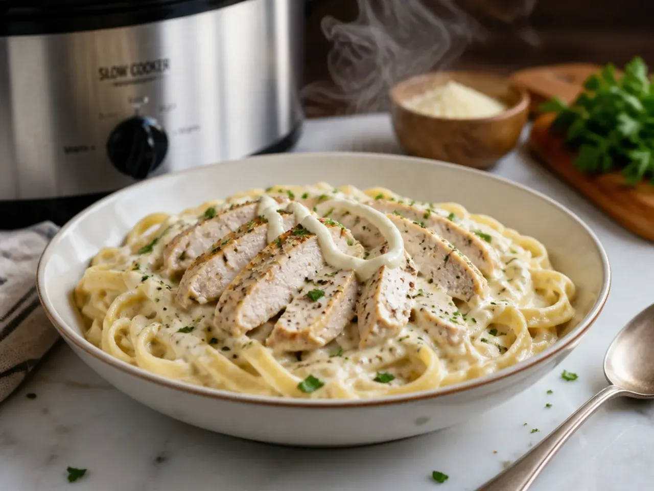 Slow cooker filled with shredded chicken in a creamy alfredo sauce