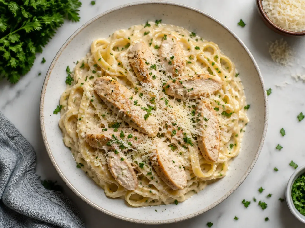 Instant Pot chicken alfredo pasta being stirred with cream and Parmesan