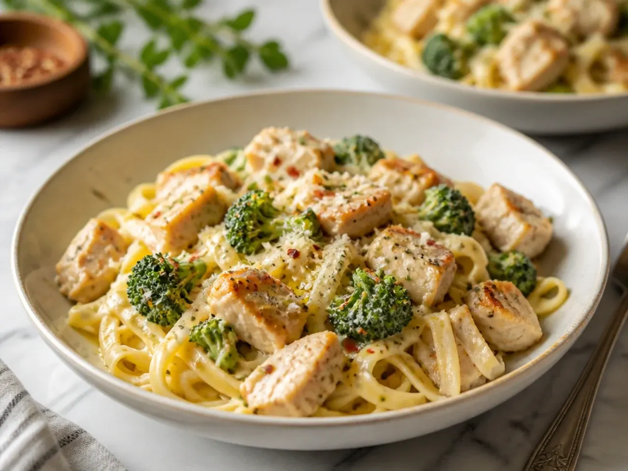 Chicken alfredo pasta with bright green broccoli florets folded through