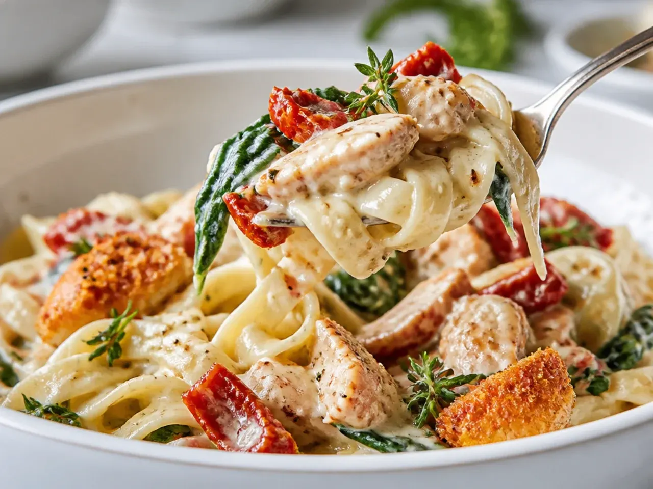 Tuscan-style chicken alfredo pasta with sun-dried tomatoes and wilted spinach