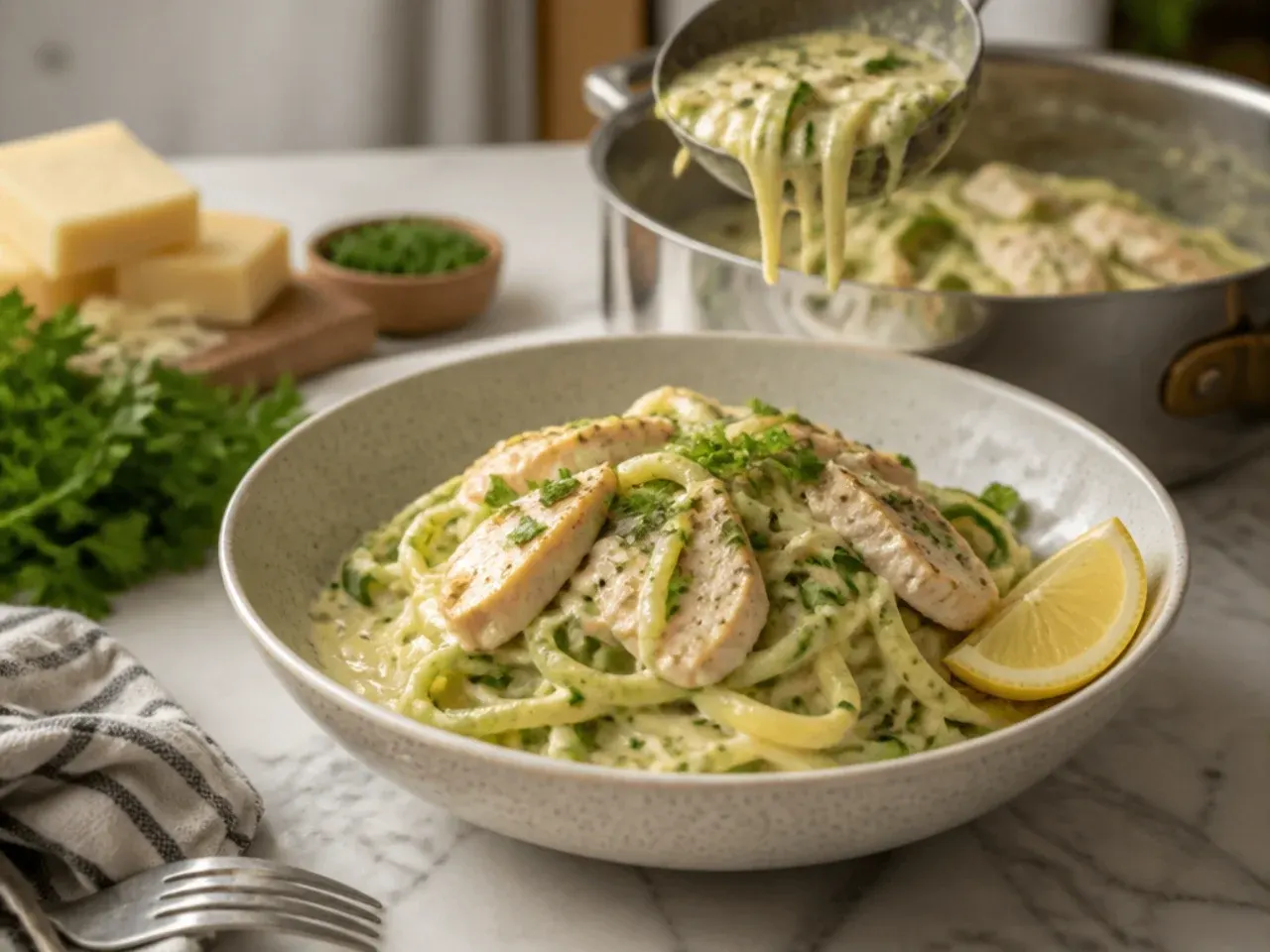 Low-carb chicken alfredo with spiralised courgette noodles instead of pasta