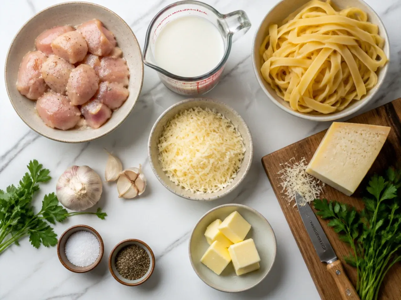 Close-up of hands grating a block of Parmesan cheese over a pan of alfredo sauce