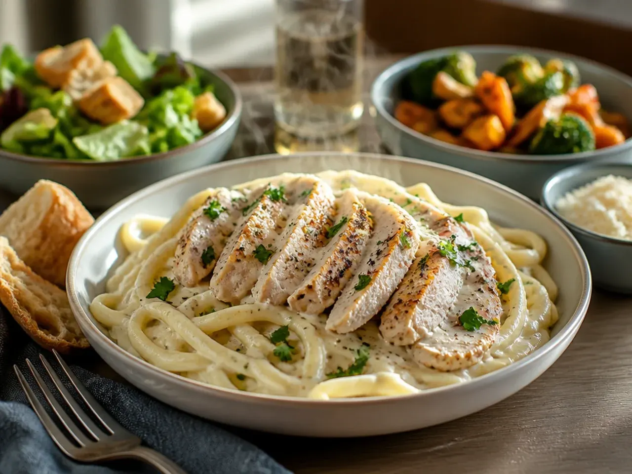Chicken alfredo pasta plated with a side salad and garlic bread