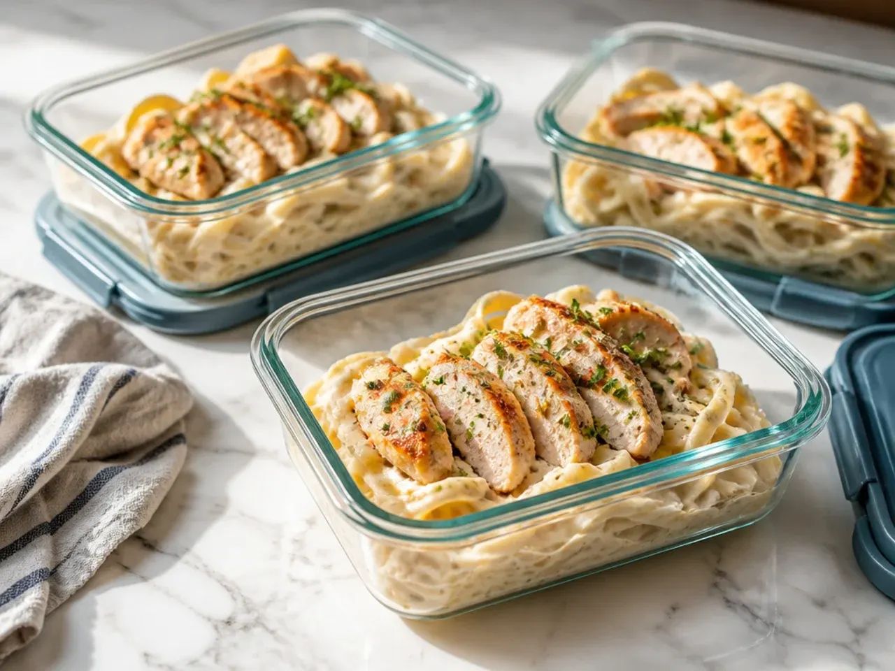 Airtight container of leftover chicken alfredo pasta being reheated in a pan