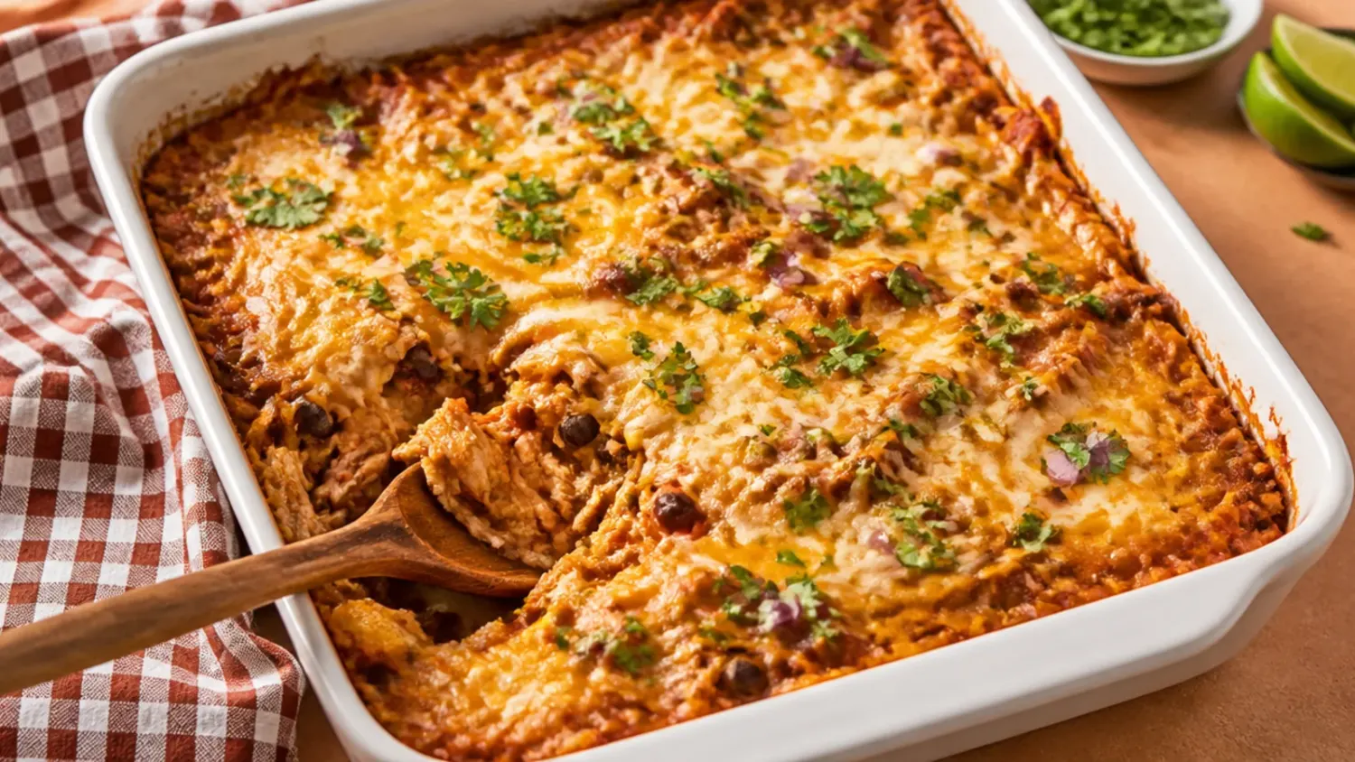 Overhead shot of a bubbling chicken enchilada casserole in a white baking dish, topped with melted cheese, sliced jalapenos and fresh coriander