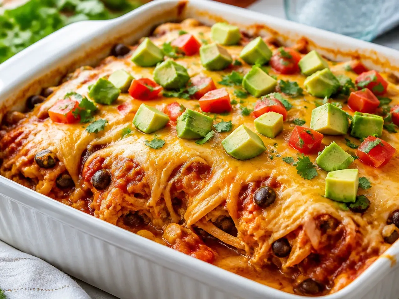 Close-up of a fork lifting a cheesy portion of chicken enchilada casserole from a baking dish