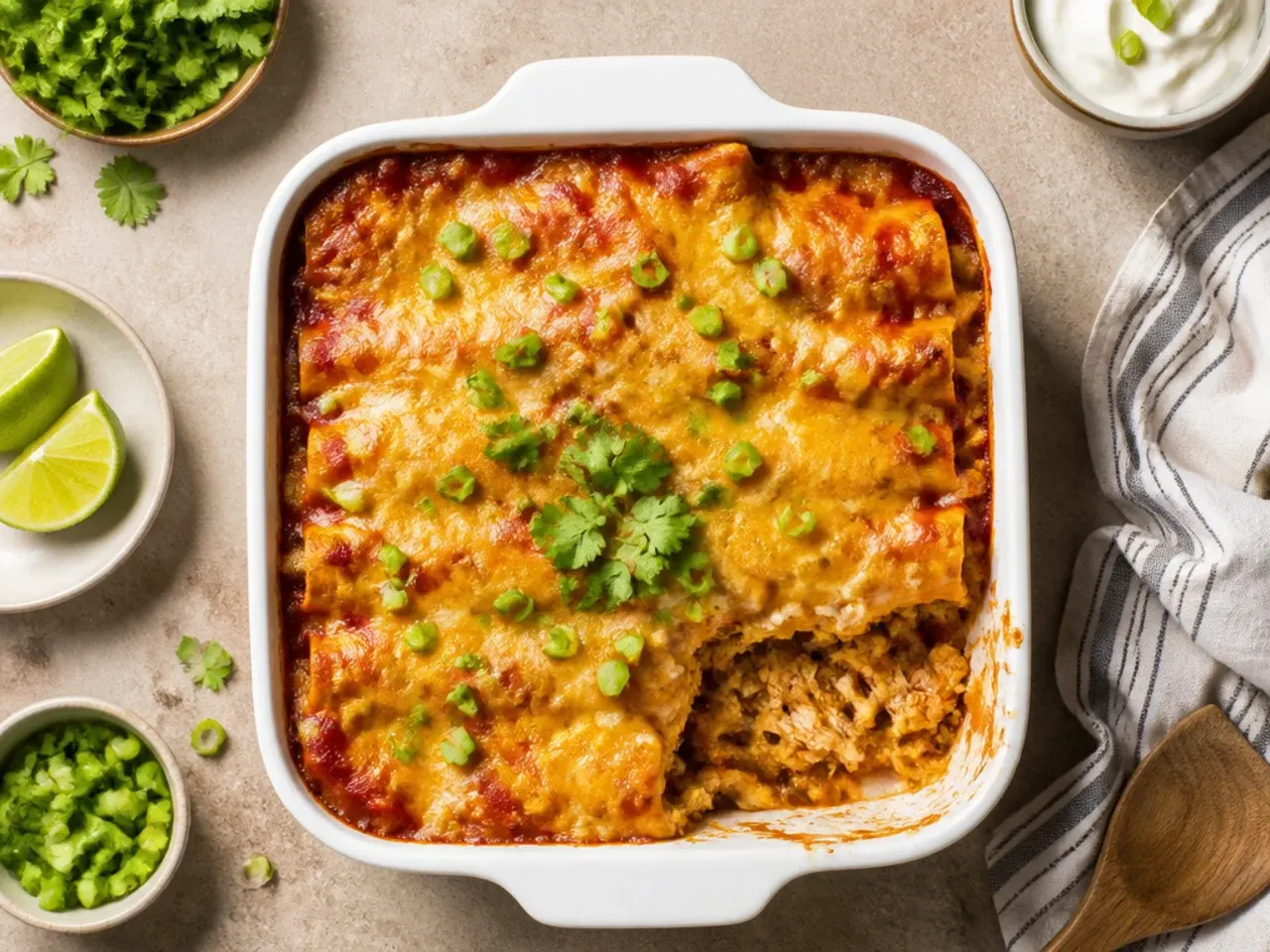 Layers of red sauce, corn tortillas and shredded chicken being built in a glass baking dish