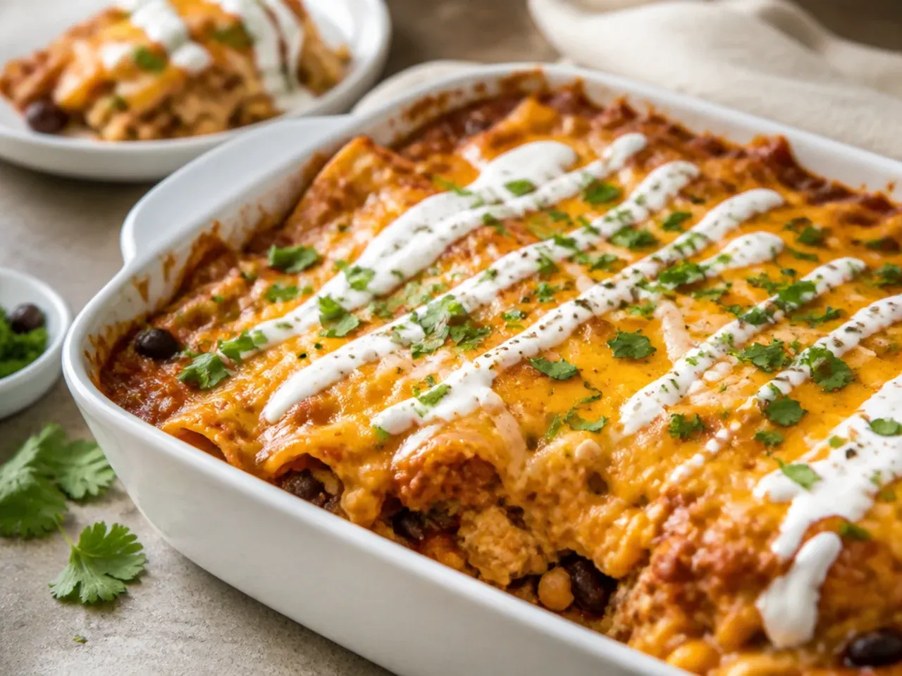 Hands shredding a rotisserie chicken into a mixing bowl with enchilada sauce