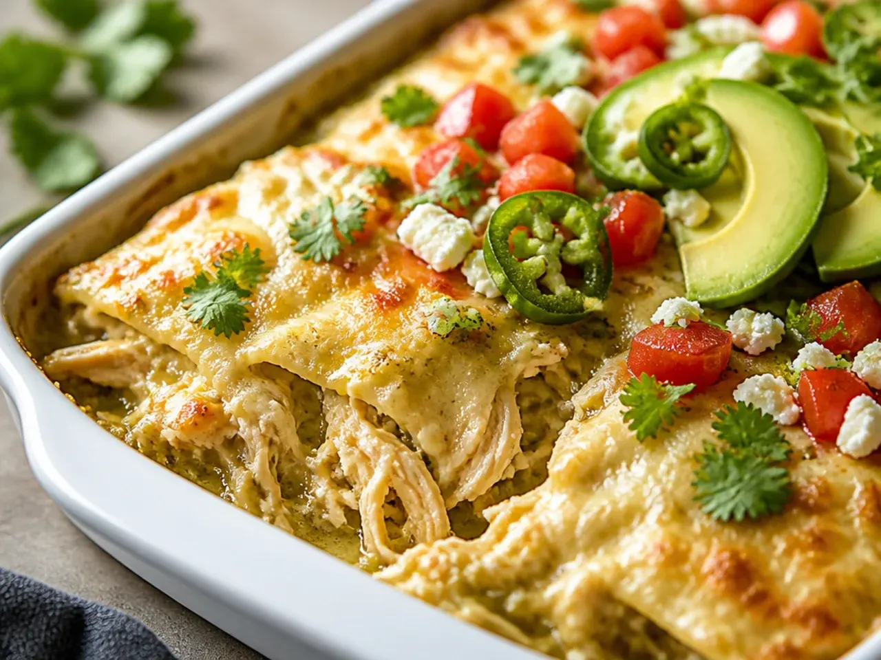 Chicken enchilada casserole made with green tomatillo salsa and melted pepper jack cheese