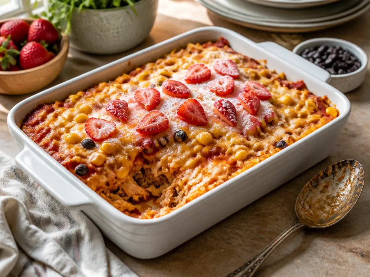Five simple ingredients for chicken enchilada casserole laid out on a kitchen counter