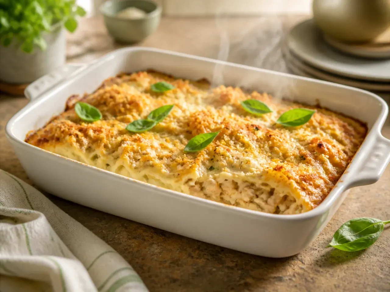 Creamy chicken enchilada casserole with a swirl of sour cream on top