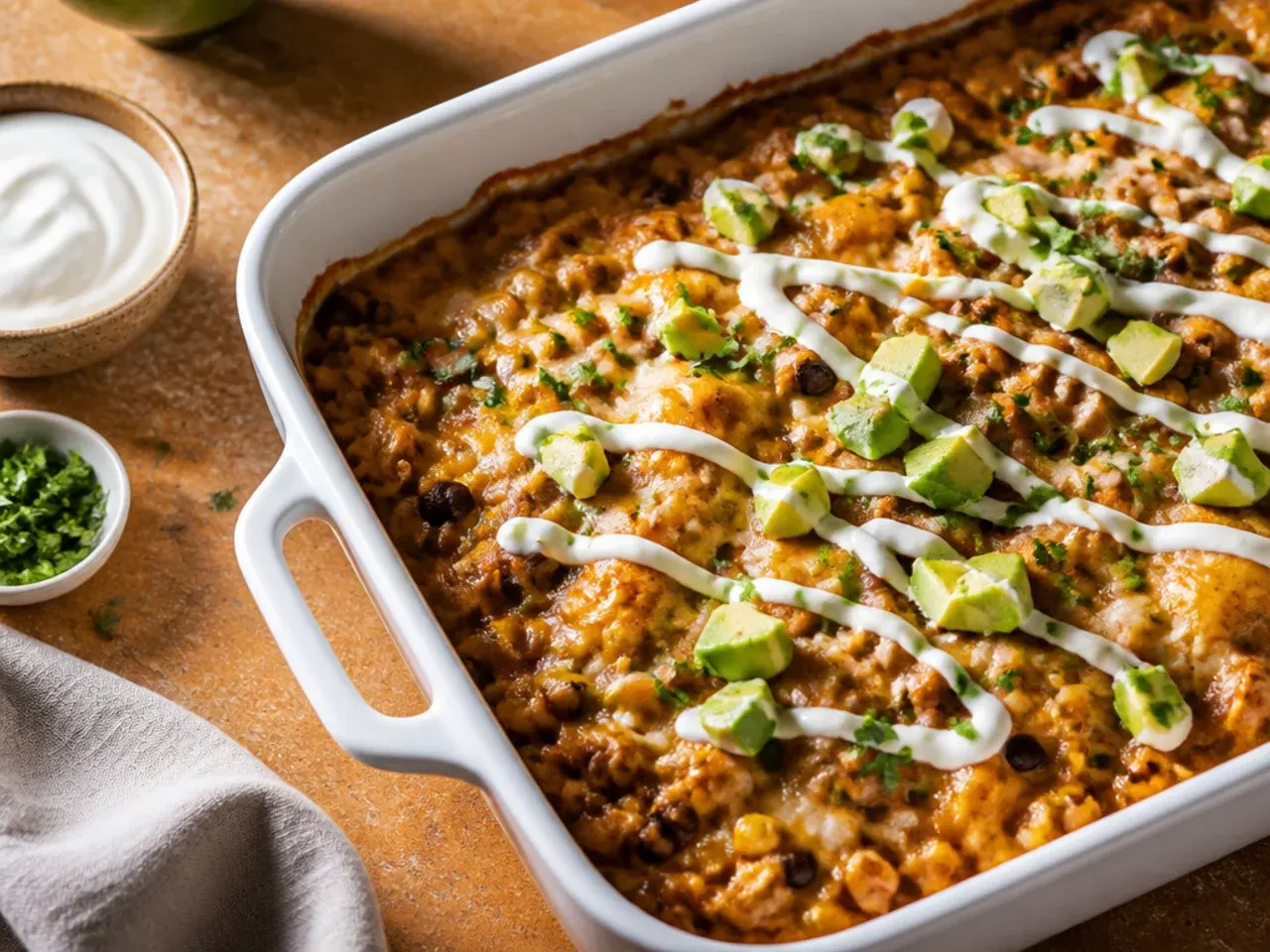 Chicken enchilada casserole loaded with black beans, sweetcorn and diced peppers