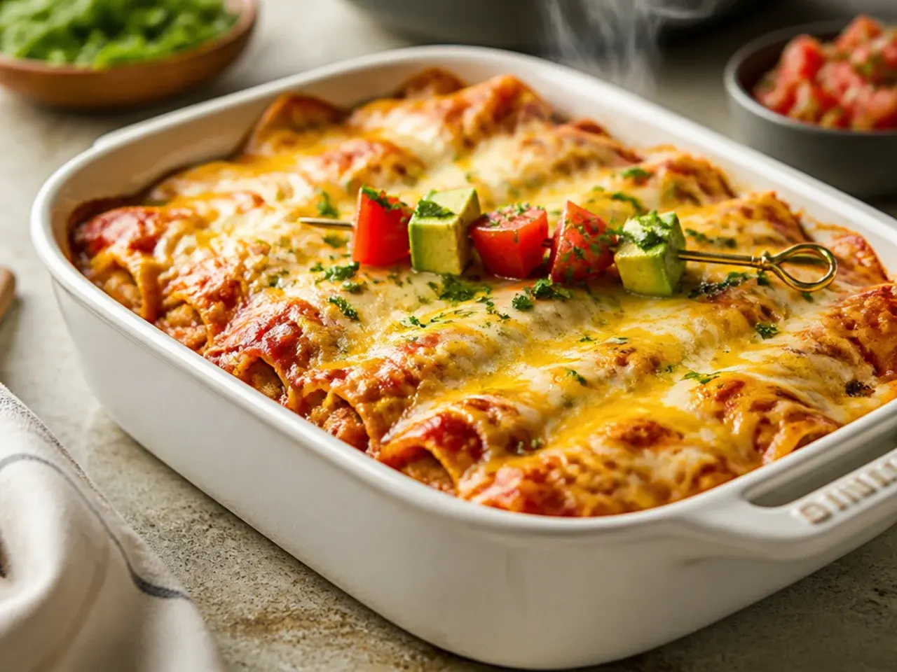 A slice of chicken enchilada casserole being lifted showing two distinct layers of melted cheese