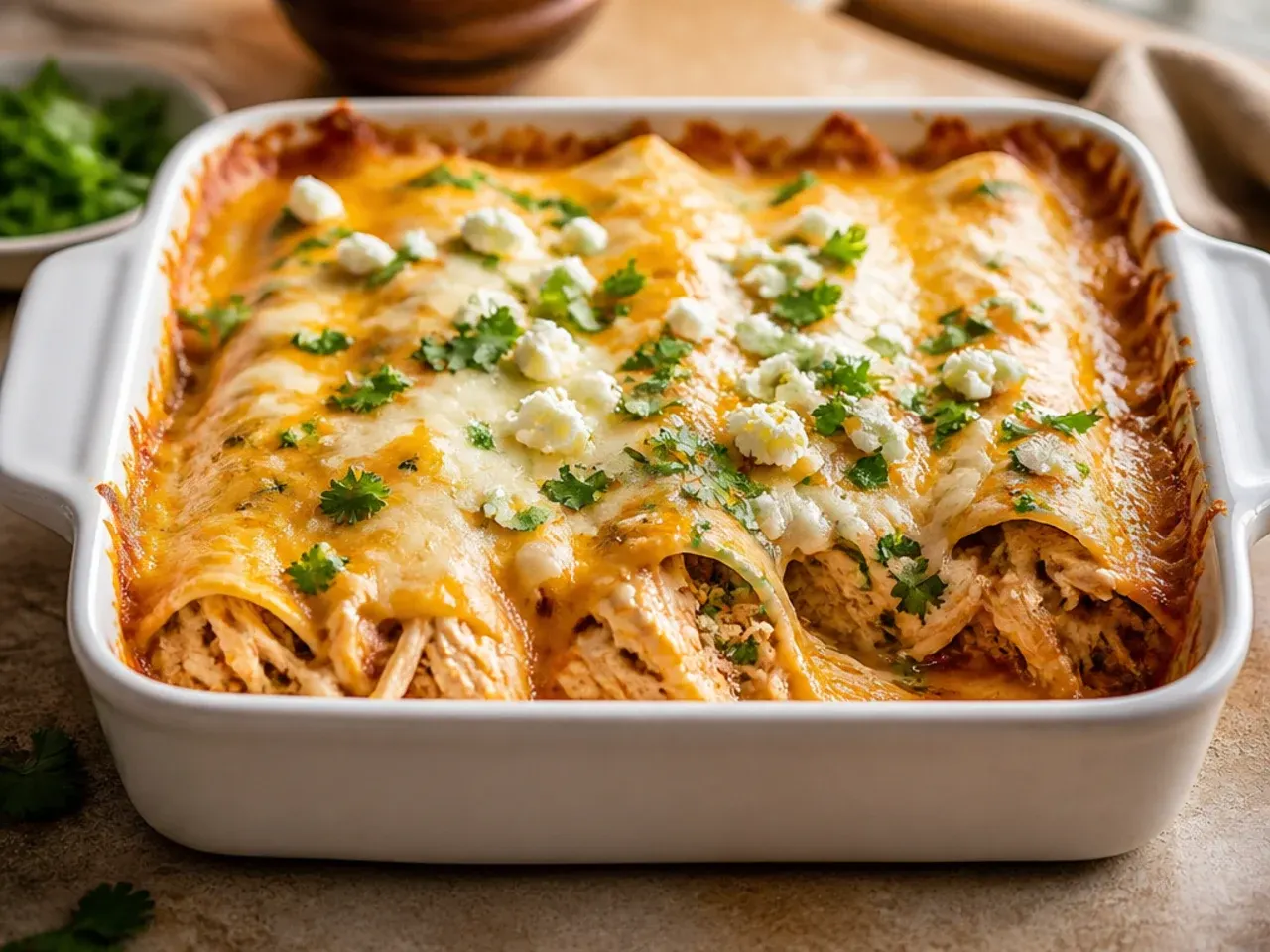 Chicken enchilada casserole topped with three different melted and crumbled cheeses