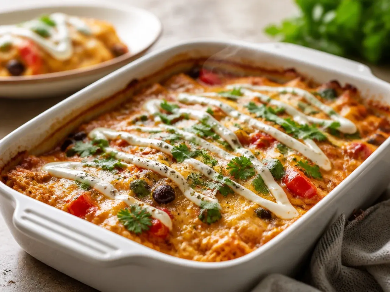 A large 9x13 inch chicken enchilada casserole fresh out of the oven ready to serve a crowd