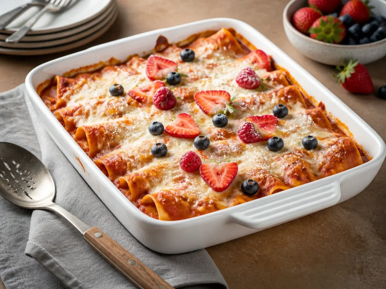 A child-friendly portion of mild chicken enchilada casserole on a plate