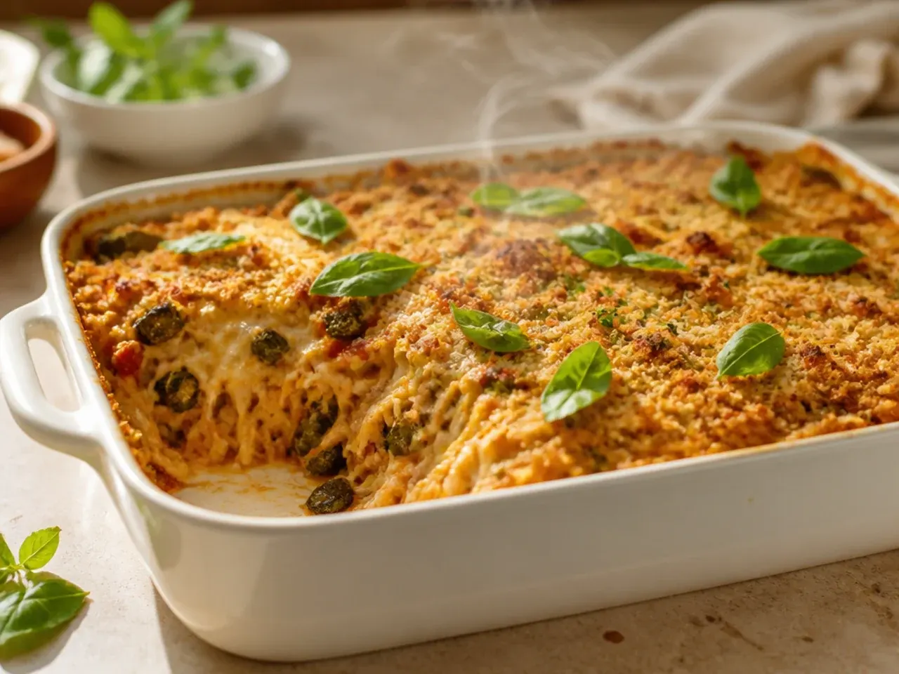 Chicken enchilada casserole garnished with pomegranate seeds and coriander for a festive table
