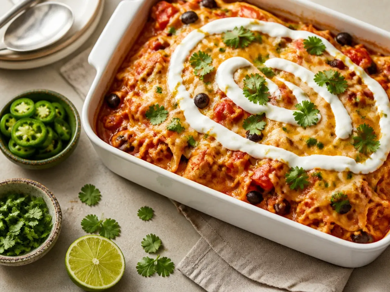 A quick chicken enchilada casserole assembled in a small square baking dish for a fast dinner