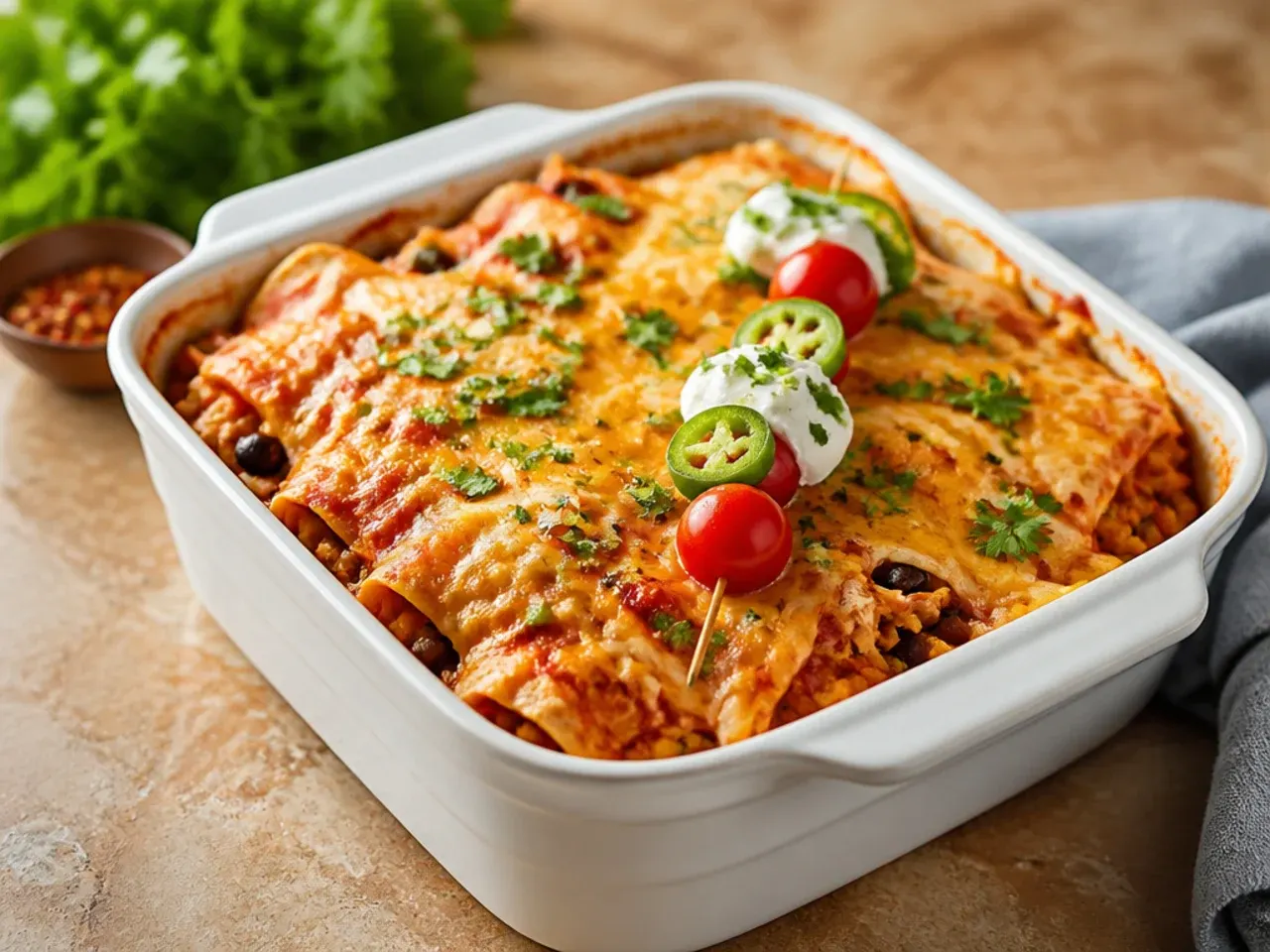 A pan of homemade enchilada sauce simmering on the stove with spices