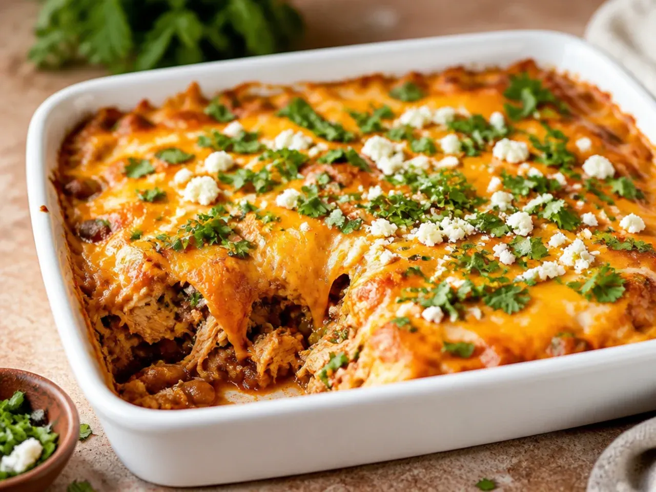 Chicken enchilada casserole with visible flecks of smoky chipotle pepper in the sauce